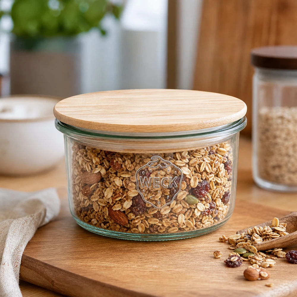 165ml bocal conique WECK RR80 avec couvercle en bois WECK Pot renversé RR80 165ml avec couvercle en bambou rempli de mélange de céréales sur planche en bois dans une cuisine moderne