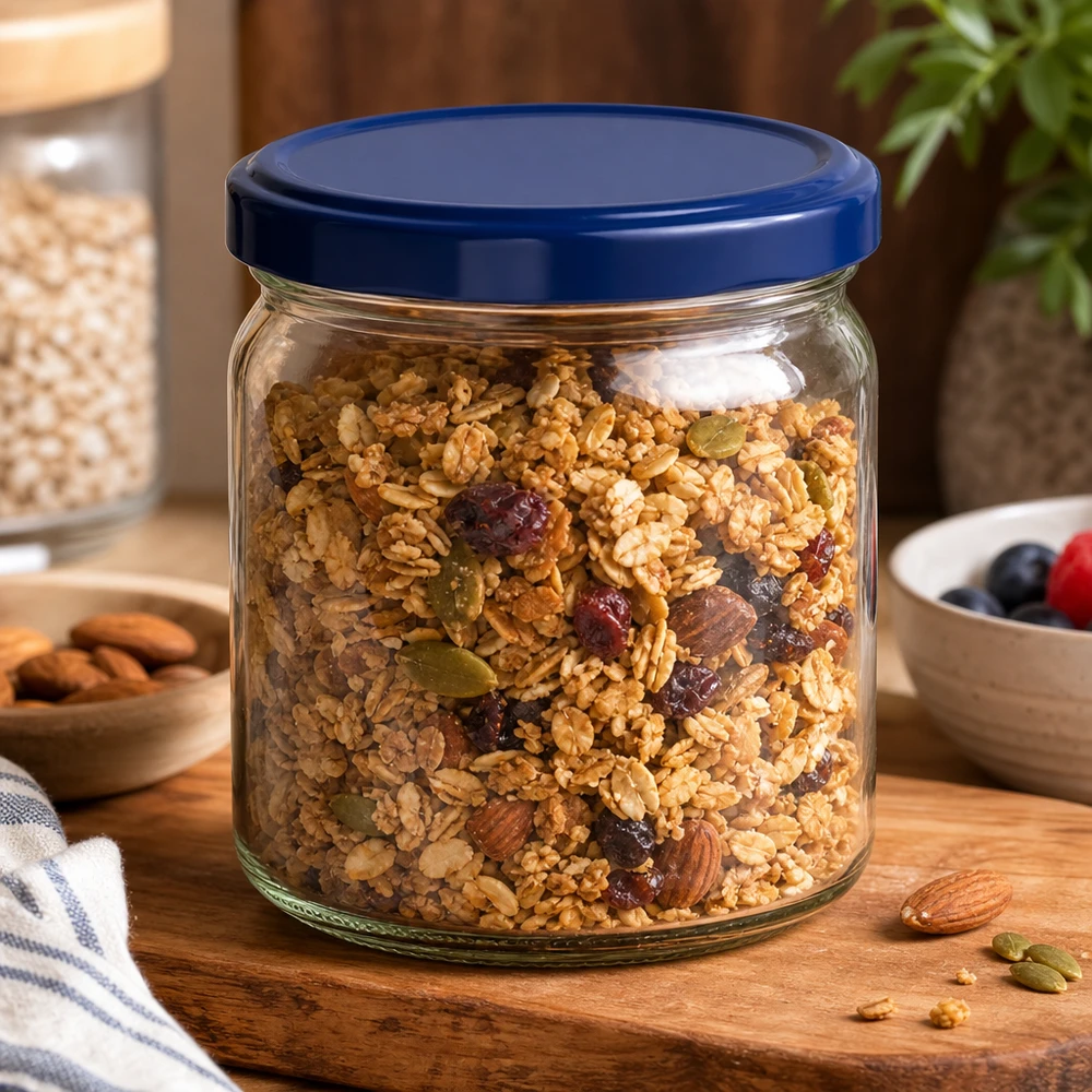 408ml Verre rond avec couvercle BasicSeal bleu UNiTWIST Bocal rond de 408 ml avec couvercle bleu UNiTWIST rempli de muesli et de noix - Bocal de réserve pour granola et fruits secs