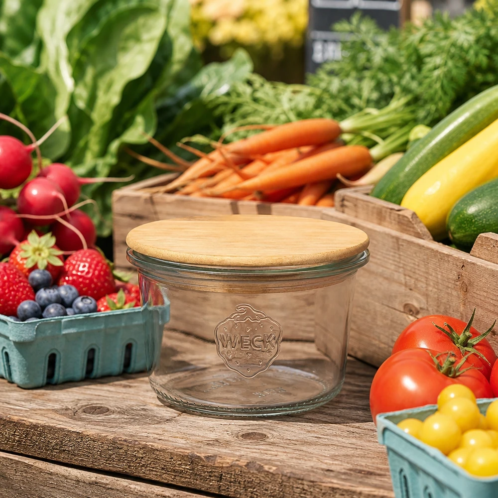 Pot de 80ml WECK RR60 avec couvercle en bois WECK Sturzglas 80ml RR60 mit Bambusdeckel auf Holztisch zwischen frischem Gemüse Obst Marktstand Atmosphäre