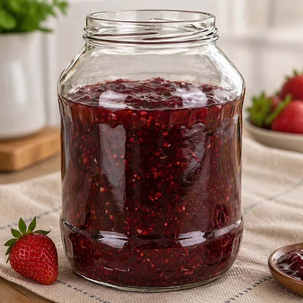 Pot renversé 2650ml rempli de confiture de fraises UNiTWIST Runda2650 Pot de conservation TO100 Filetage Exemple d'utilisation