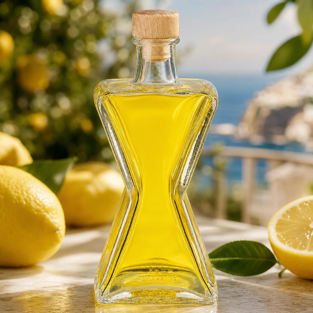 Bouteille en verre Star de 200ml remplie d'huile jaune à côté de citrons - Bouchon en bois UNiTWIST pour limoncello et spiritueux