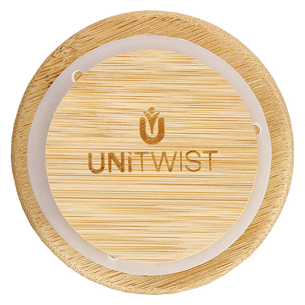 Couvercle en bois RR60 WECK UNITWIST Couvercle en bois RR60 Vue de dessus avec logo gravé au laser et anneau d'étanchéité en silicone transparent pour bocaux WECK