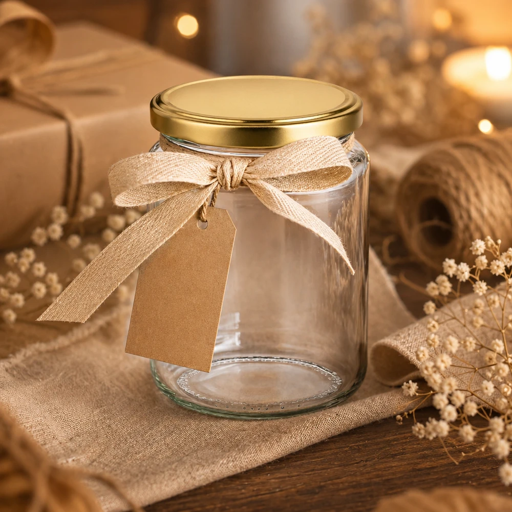 Pot à miel 450 g avec couvercle doré BasicSeal UNiTWIST 450g pot de miel vide avec ruban et étiquette cadeau décoration rustique BasicSeal pot comme emballage cadeau