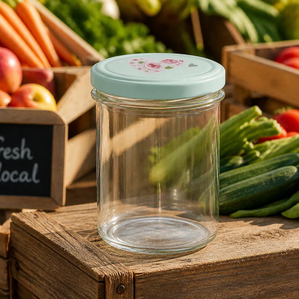 Bocal vide de 350ml avec couvercle BasicSeal coeur menthe sur caisse en bois marché fermier conservation de légumes