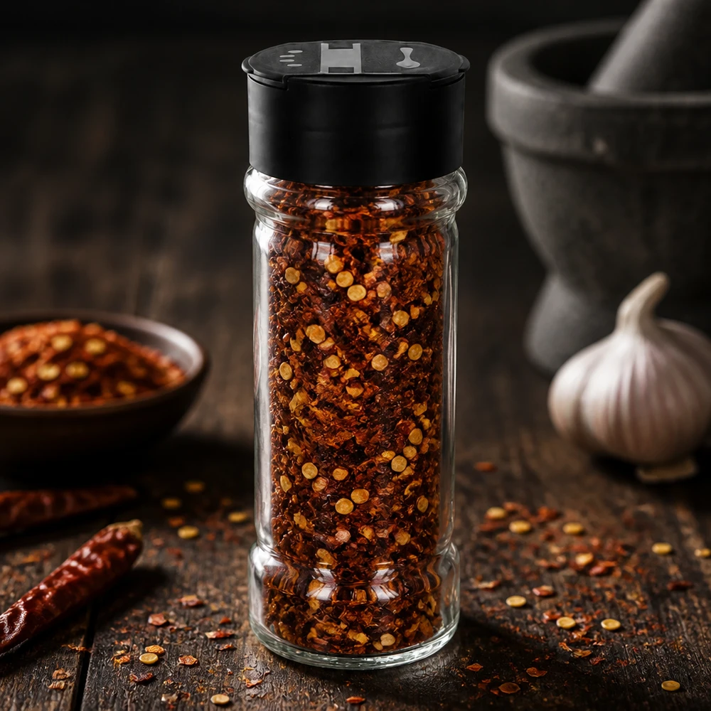 Pot en verre transparent de 100 ml rempli de flocons de piment, muni d'un couvercle noir à double saupoudreuse