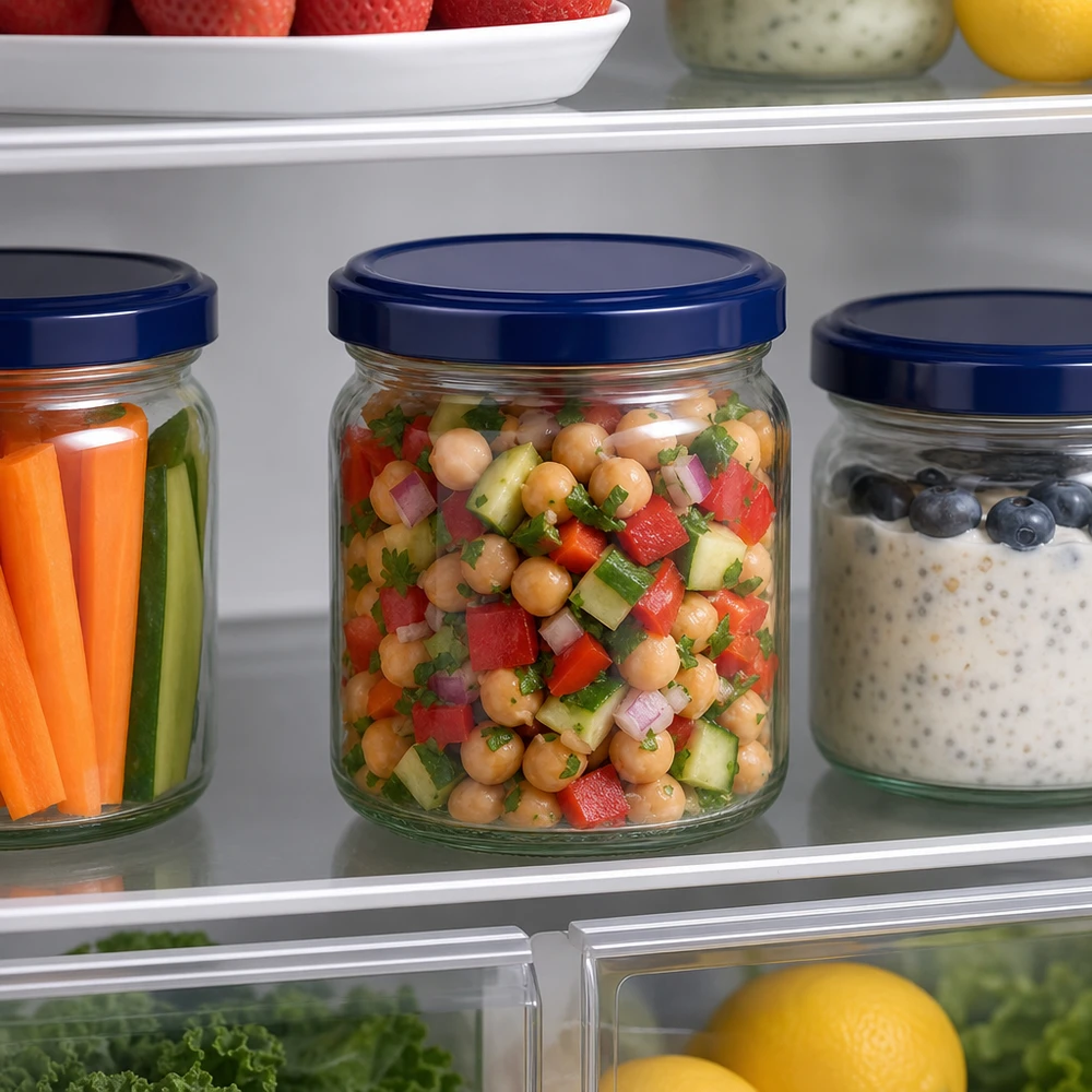408ml Verre rond avec couvercle BasicSeal bleu UNiTWIST 408ml Rundglas mit blauem UNiTWIST Deckel im Kühlschrank - praktische Meal-Prep Aufbewahrung für Salate und Snacks