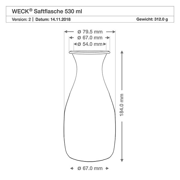 530ml Bouteille à jus de fruits WECK RR60 avec bouchon nature WECK Saftflasche 530ml technische Zeichnung mit Maßangaben Durchmesser Höhe Gewicht Spezifikation Produktdetails