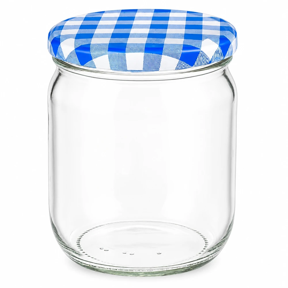 425ml Verre rond avec couvercle BasicSeal bleu/blanc UNiTWIST 425ml bocal rond avec couvercle BasicSeal bleu et blanc à carreaux bocal à conserves avec couvercle à visser