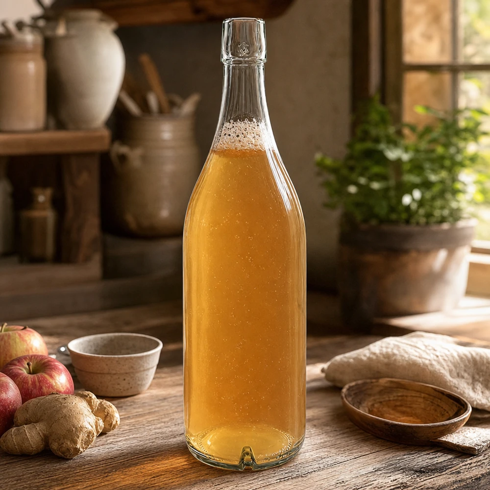Bouteille en verre 1000ml UNiTWIST avec contenu doré sur une table en bois à côté de pommes et de gingembre dans une cuisine rustique
