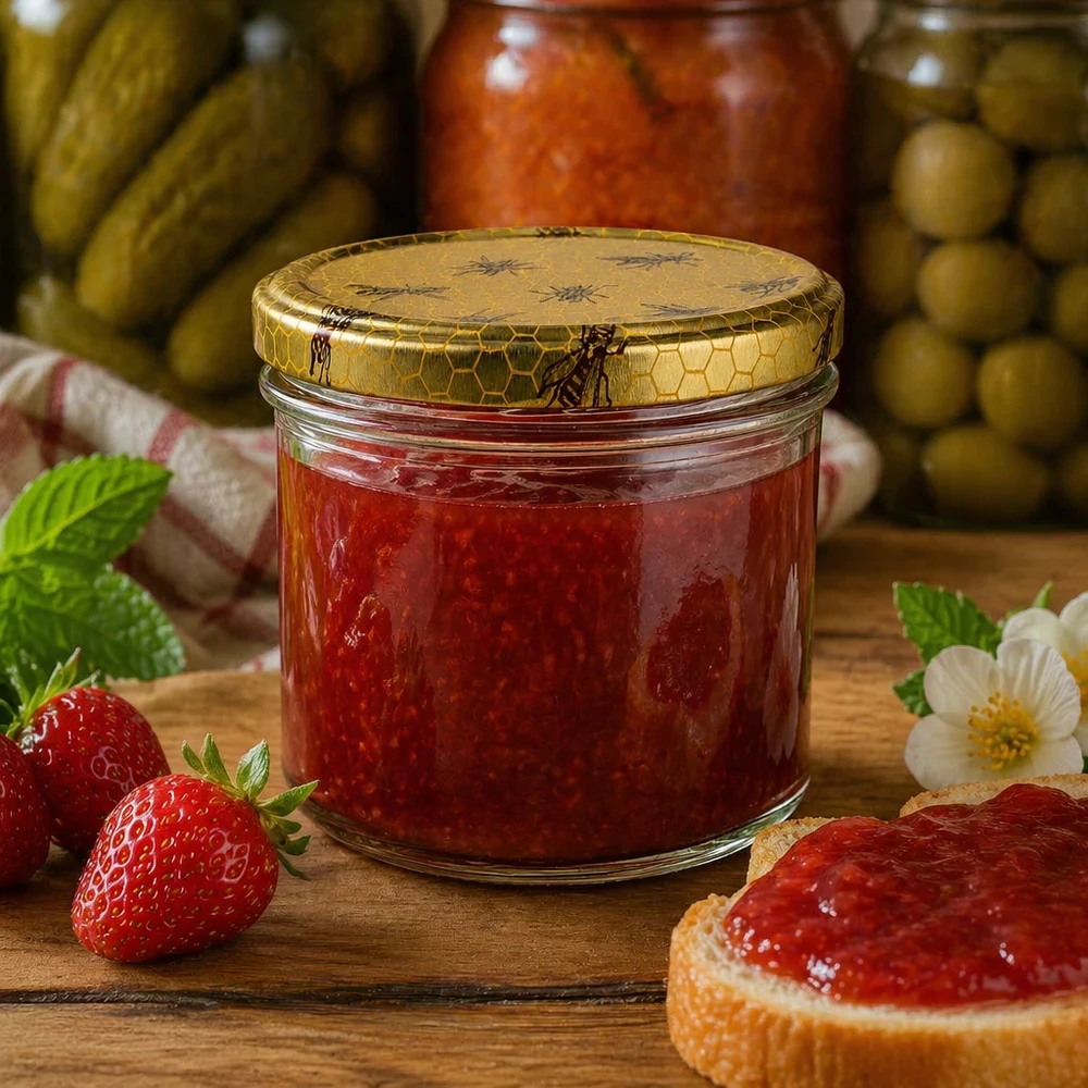 Pot à miel 250 g avec couvercle motif rayon de miel BasicSeal UNiTWIST Pot de miel en nid d'abeille 250g rempli de confiture à côté de fraises fraîches et de pain sur une table en bois