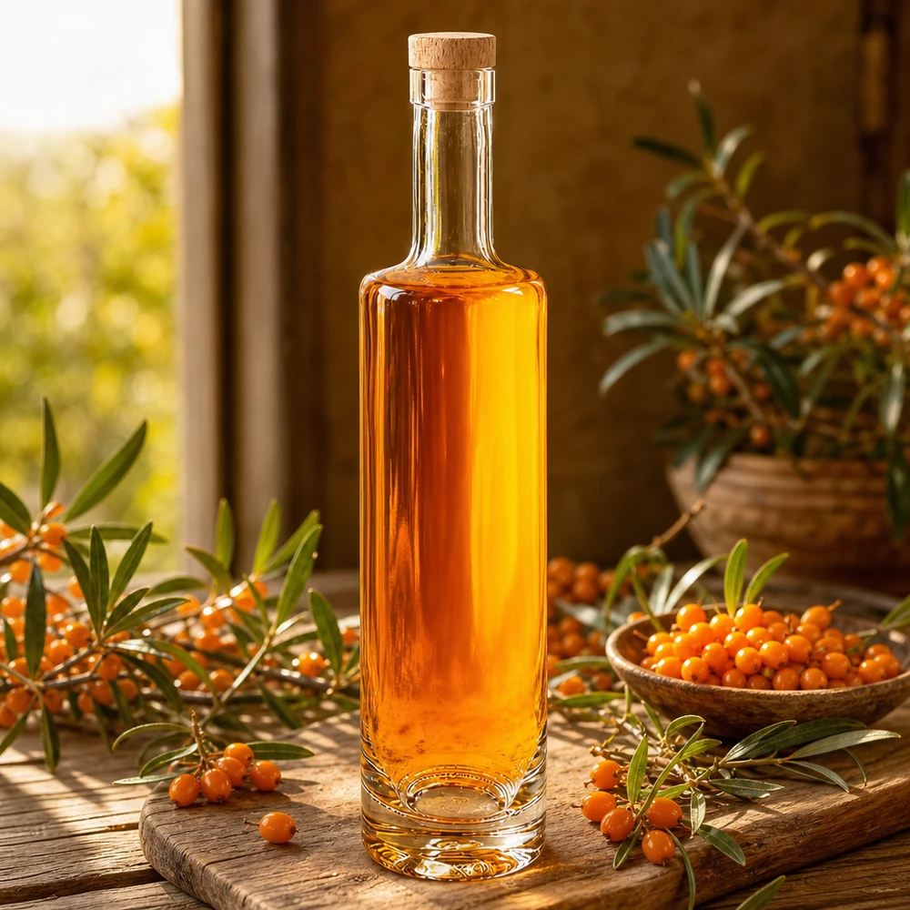 Bouteille en verre 500 ml « Lina » avec bouchon en bois UNiTWIST® 500ml Glasflasche Lina mit Holzkorken gefüllt mit Sanddornöl zwischen Sanddornbeeren warmes Sonnenlicht Ambiente
