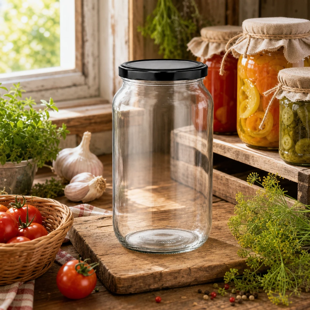 Pot rond de 1062ml avec couvercle BasicSeal dans une cuisine rustique - pot polyvalent pour confitures et conserves