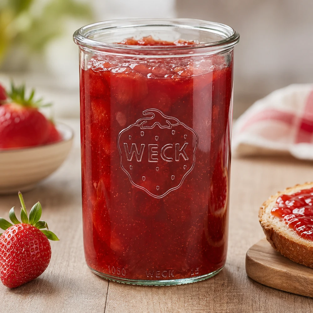 Bocal en verre WECK RR100 de 1 000 ml WECK Pot renversé 1000ml RR100 rempli de confiture de fraises sur table en bois avec fraises fraîches et pain