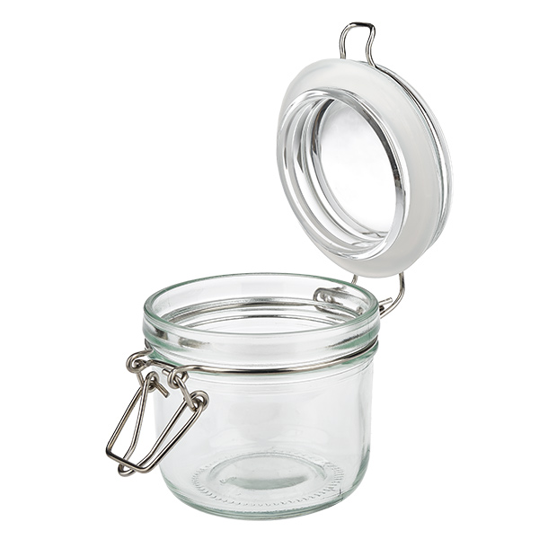 Pot de réserve 200ml type S avec fermeture à étrier UN.. Récipient en verre compact de 200 ml avec anse métallique et joint en caoutchouc pour un stockage hermétique