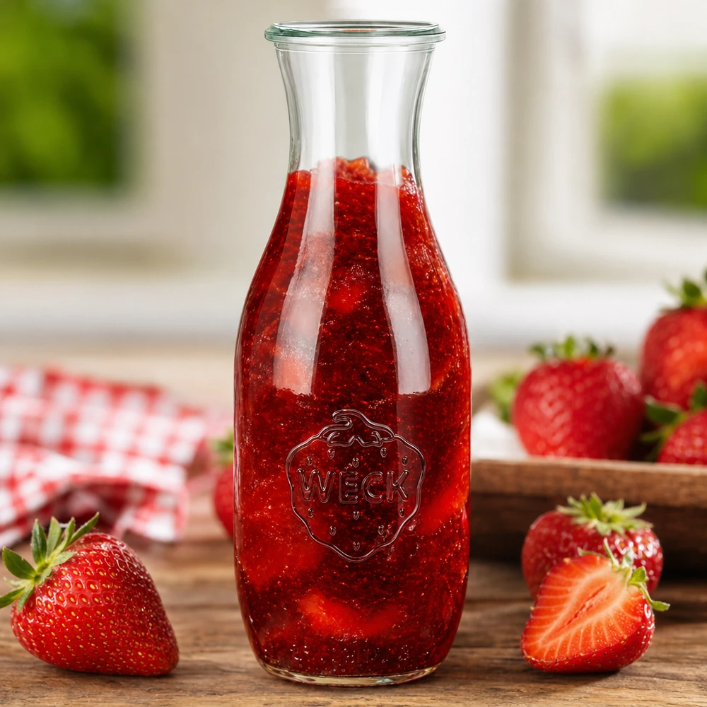 Bouteille à jus WECK remplie d'une boisson à la fraise