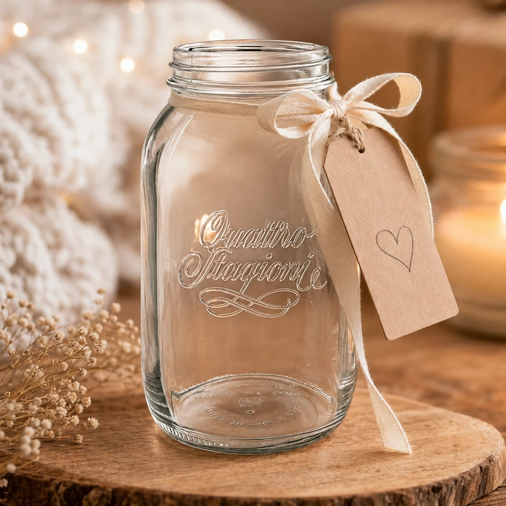 1500ml Verre rond 'Quattro Stagioni' QS86mm 1500ml Quattro Stagioni Verre de ménage avec ruban et pendentif sur planche en bois dans une cuisine rustique
