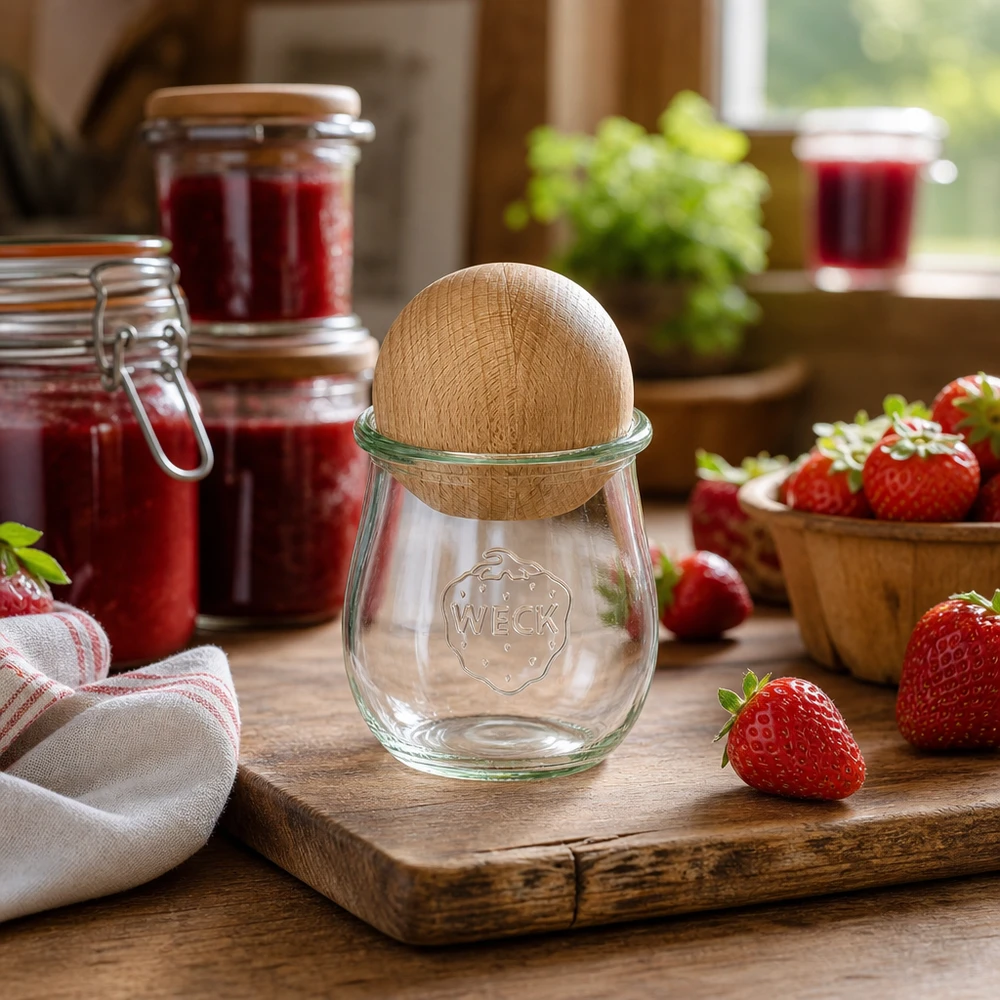 WECK Pot tulipe RR60 220ml dans une cuisine rustique avec des fraises et des pots de confiture, détail du couvercle en boule de hêtre