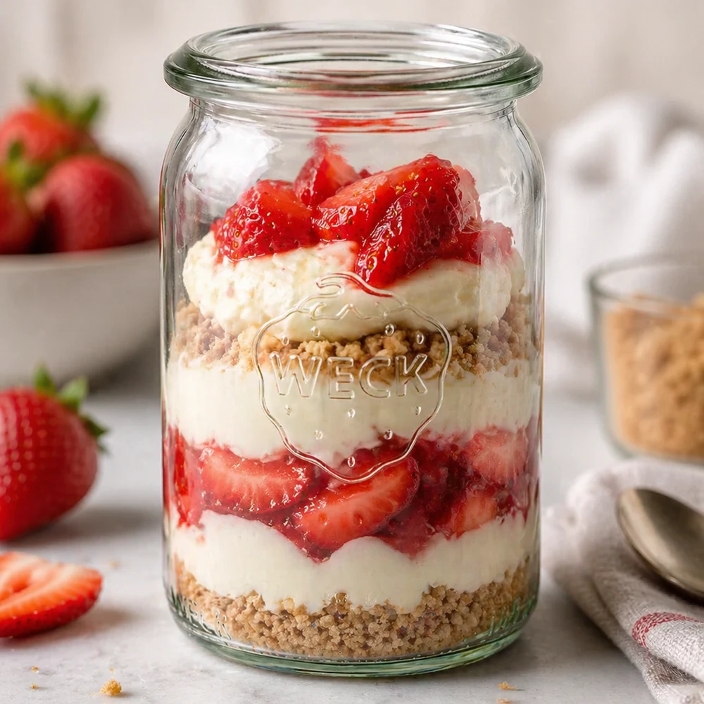 145ml bocal cylindrique WECK RR40 WECK RR40 Verre cylindrique 145ml comme verre à dessert avec fraises crème et crumble en couches sur le comptoir de la cuisine
