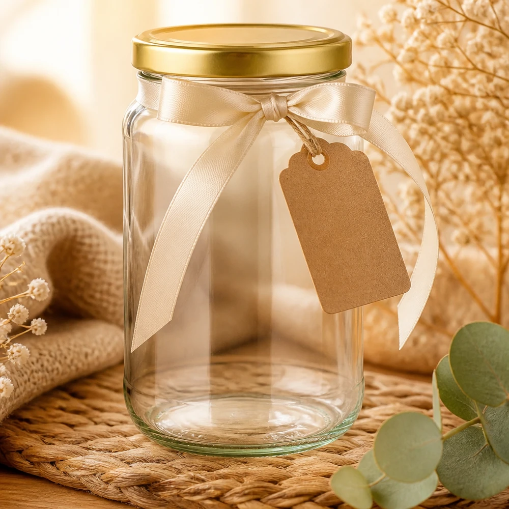 1700ml Verre rond avec couvercle BasicSeal or UNiTWIST 1700ml Rundglas mit goldenem BasicSeal Deckel dekorativ arrangiert mit Schleife und Anhänger als Geschenkidee