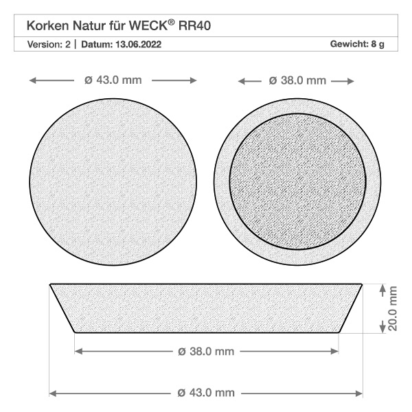 35ml bocal conique WECK RR40 avec bouchon nature Dessin technique WECK RR40 bouchon nature Ø43mm Ø38mm 20mm hauteur Dimensions Spécification pour 145ml verre cylindrique