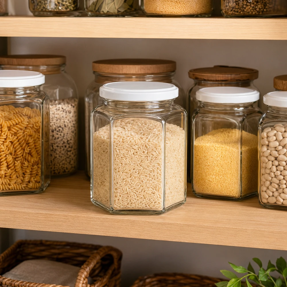 Pot de miel hexagonal de 400 g rempli de riz dans une cuisine de stockage organisée parmi d'autres pots de stockage sur une étagère en bois