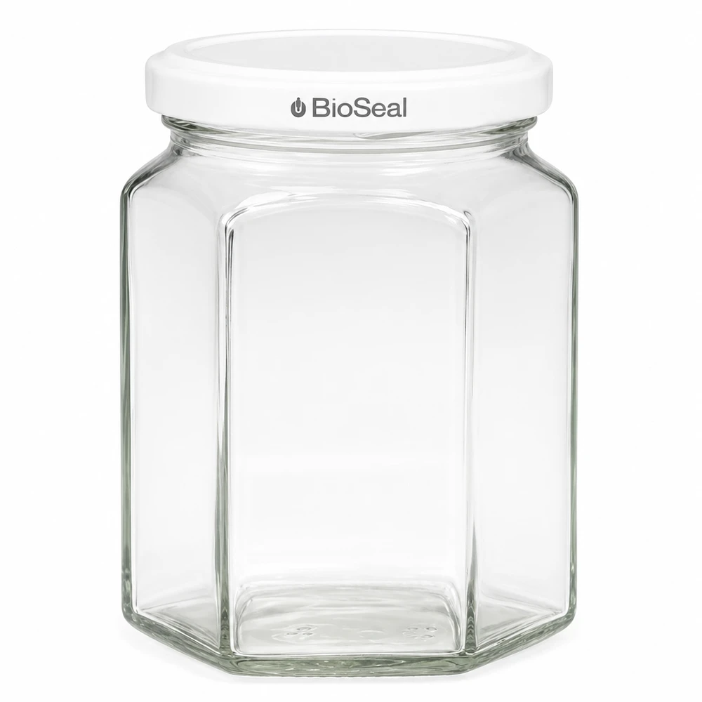 UNiTWIST Hexa288 Bocal hexagonal avec couvercle blanc TO63 BioSeal pour confitures et conserves