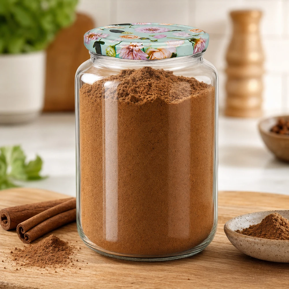 Pot rond de 795 ml + couvercle BasicSeal fleur menthe UNiTWIST 795ml verre rond avec couvercle à fleurs menthe rempli de cannelle en poudre, à côté de bâtons de cannelle et d'un bol sur une planche en bois