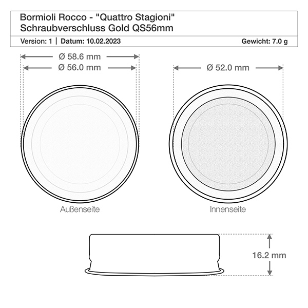 Bouchon à vis "Quattro Stagioni" or QS56mm Dessin technique Bormioli Rocco Quattro Stagioni bouchon à vis or QS56mm avec dimensions et poids