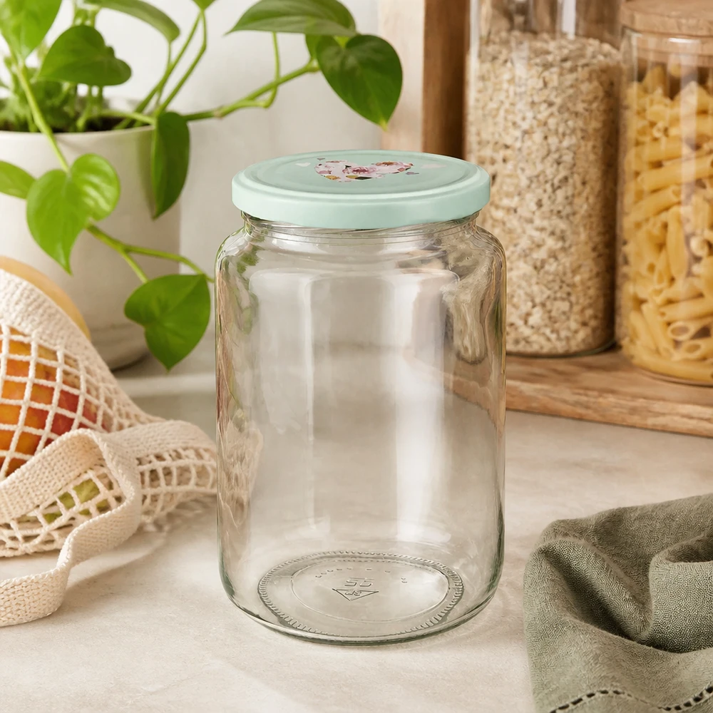 Pot rond de 795 ml + couvercle BasicSeal cur menthe UNiTWIST Bocal rond de 795 ml avec couvercle à cœur BasicSeal menthe sur le comptoir de la cuisine à côté des conteneurs à provisions et de la plante verte
