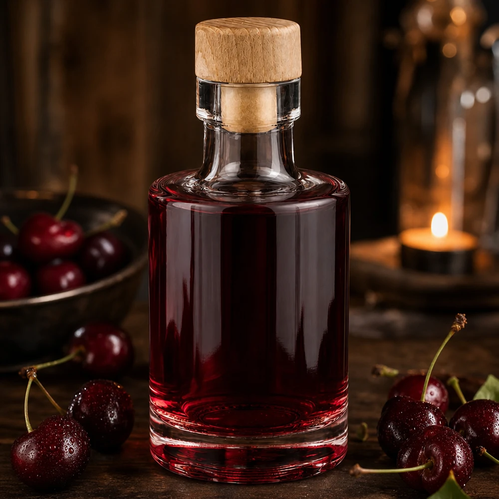 Bouteille en verre 100 ml « Marie » avec bouchon en bois UNiTWIST® 100ml Glasflasche Marie mit Holzkorken gefüllt mit Kirschlikör umgeben von frischen Kirschen bei warmem Kerzenlicht