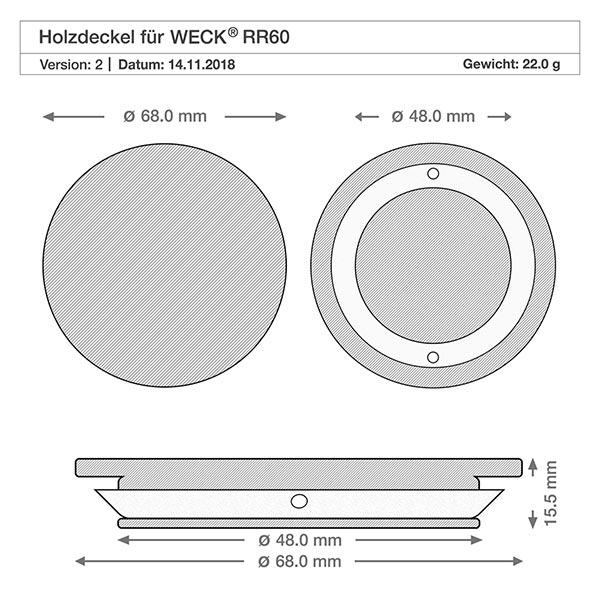 Couvercle en bois RR60 WECK Dessin technique WECK couvercle en bois RR60 avec dimensions 68mm diamètre extérieur 48mm diamètre intérieur 1,5mm hauteur