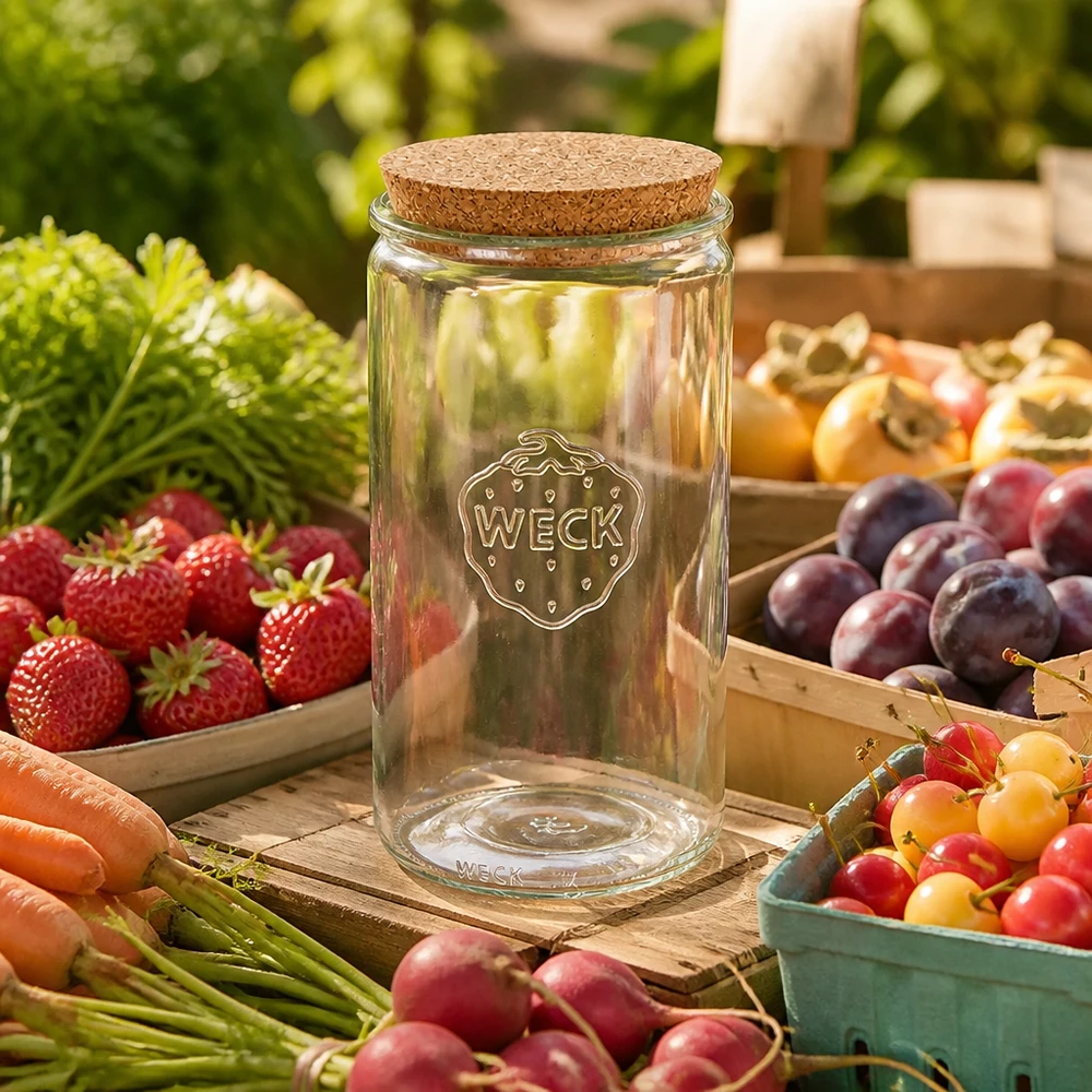 1590ml bocal cylindrique WECK RR100 avec bouchon nature WECK Pot cylindrique 1590ml RR100 vide avec couvercle en liège entouré de fruits et légumes frais sur fond en bois
