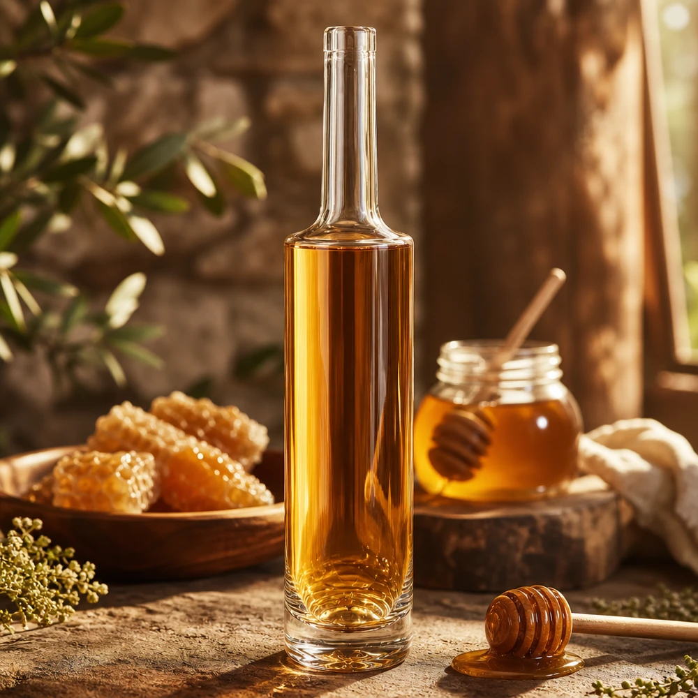 Bouteille en verre 500 ml « Rosa » sans bouchon UNiTWIST® Bouteille de verre rose de 500ml remplie de miel atmosphère rustique cire d'abeille pot de miel décoration naturelle image de produit 3