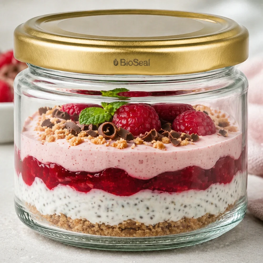 330ml Verre rond avec couvercle BioSeal or UNiTWIST UniTWIST Runda330 mit goldenem BioSeal Deckel als stylisches Dessertglas für Schichtdesserts und Parfaits im Alltag