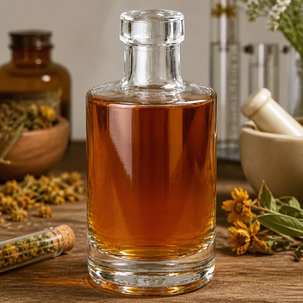 Bouteille Marie en verre 200 ml « » sans bouchon UNiTWIST® Bouteille en verre Marie de 200 ml remplie d'huile de couleur noire, style pharmacien, avec des herbes médicinales séchées et des arômes naturels.