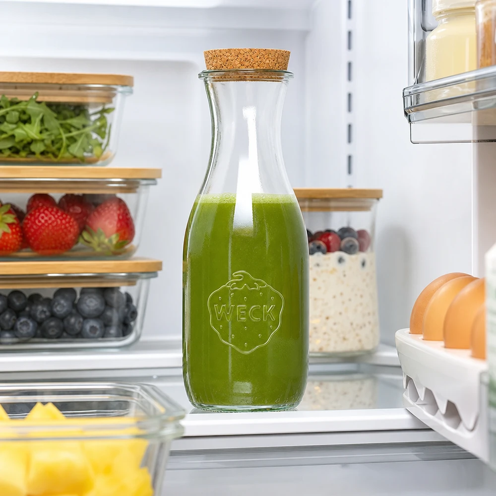 1062ml Bouteille à jus de fruits WECK RR60 avec bouchon nature WECK Bouteille de jus 1062ml avec smoothie vert dans le réfrigérateur entre les aliments frais et les récipients de stockage