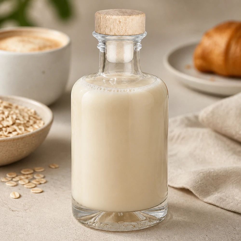 Flacon à pharmacie « Sofia » 100 ml avec bouchon en bois UNiTWIST® 100ml Glasflasche Sofia mit Holzkorken gefüllt mit cremiger Hafermilch neben Haferflocken und Croissant Frühstücksszene