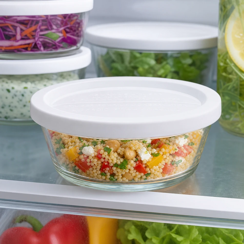 WECK RR120 Pot gourmand 300ml dans le réfrigérateur rempli de salade de couscous colorée à côté d'autres récipients de stockage