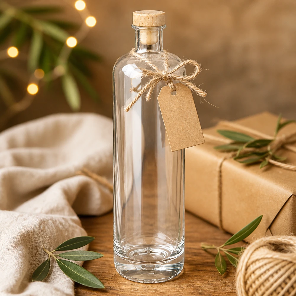 Bouteille en verre Ella de 700 ml vide avec bouchon en bois et étiquette cadeau dans une décoration de Noël festive avec guirlande lumineuse