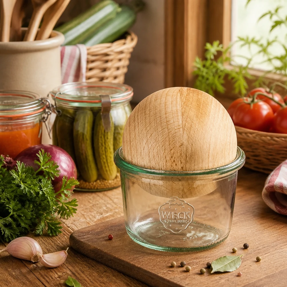 WECK Pot renversé 80ml RR60 avec couvercle en bois de hêtre dans une cuisine rustique à côté d'herbes fraîches et de bocaux à conserves
