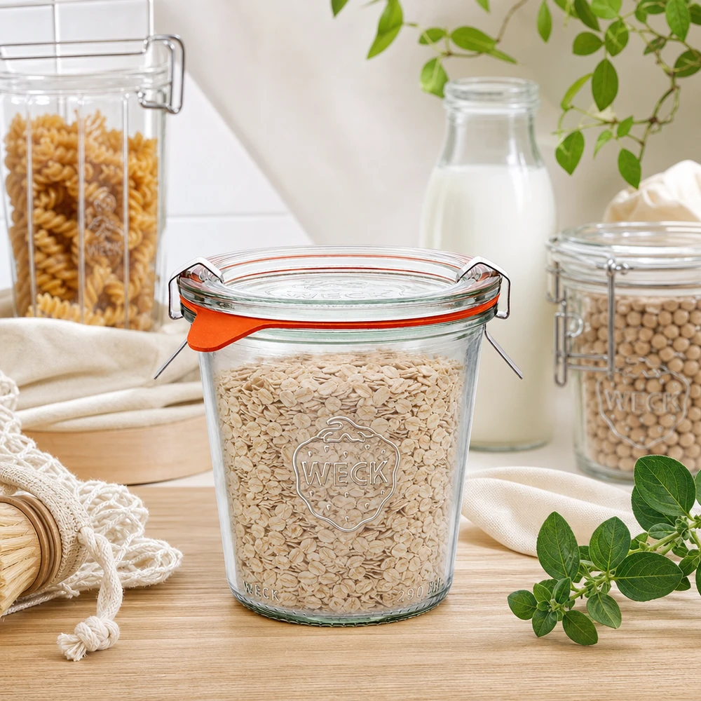 290ml bocal conique haut complet WECK RR80 WECK Verre renversé 290ml RR80 rempli de flocons d'avoine dans une scène de cuisine naturelle avec surface en bois et plantes vertes