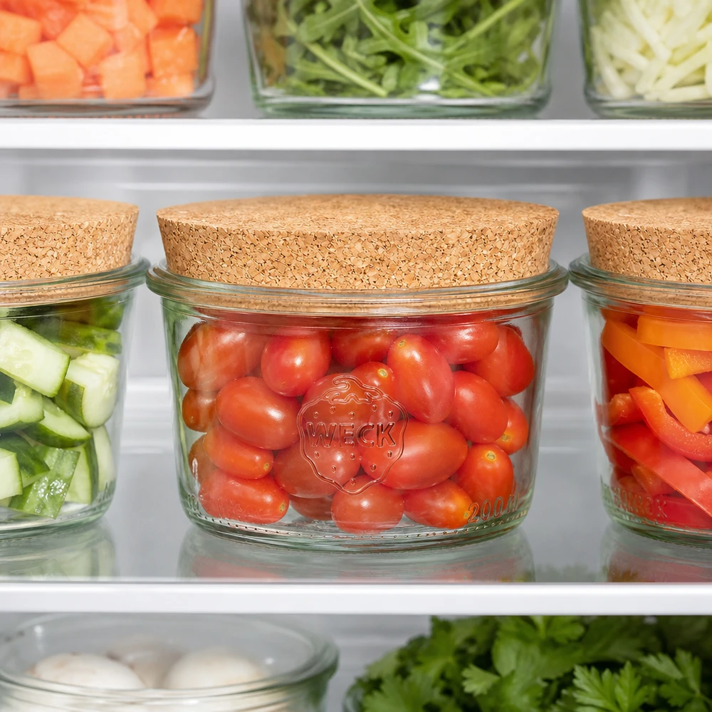 200ml bocal conique WECK RR80 avec bouchon nature WECK Pot renversé 200ml RR80 avec couvercle en liège pour la conservation au réfrigérateur de tomates et de légumes frais organisé