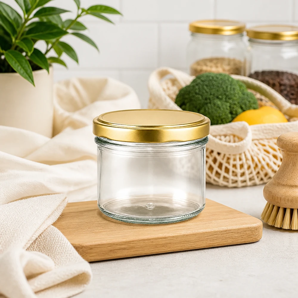225ml Verre conique avec couvercle BasicSeal or UNiTWIST 225ml verre renversé UNiTWIST or vide sur planche en bois dans cuisine durable zéro déchet avec légumes et fibres naturelles