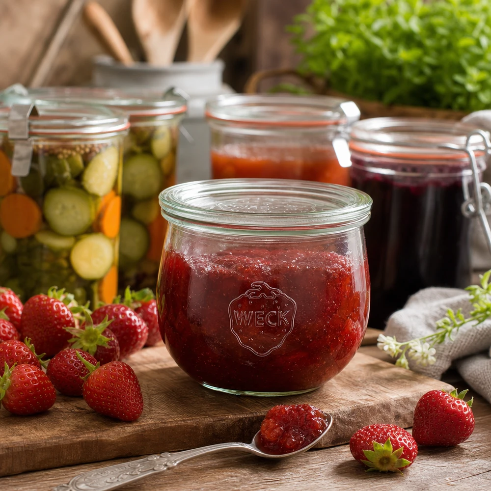 WECK Pot tulipe 580ml RR100 rempli de confiture de fraises à côté de fraises fraîches et de légumes marinés sur une planche en bois