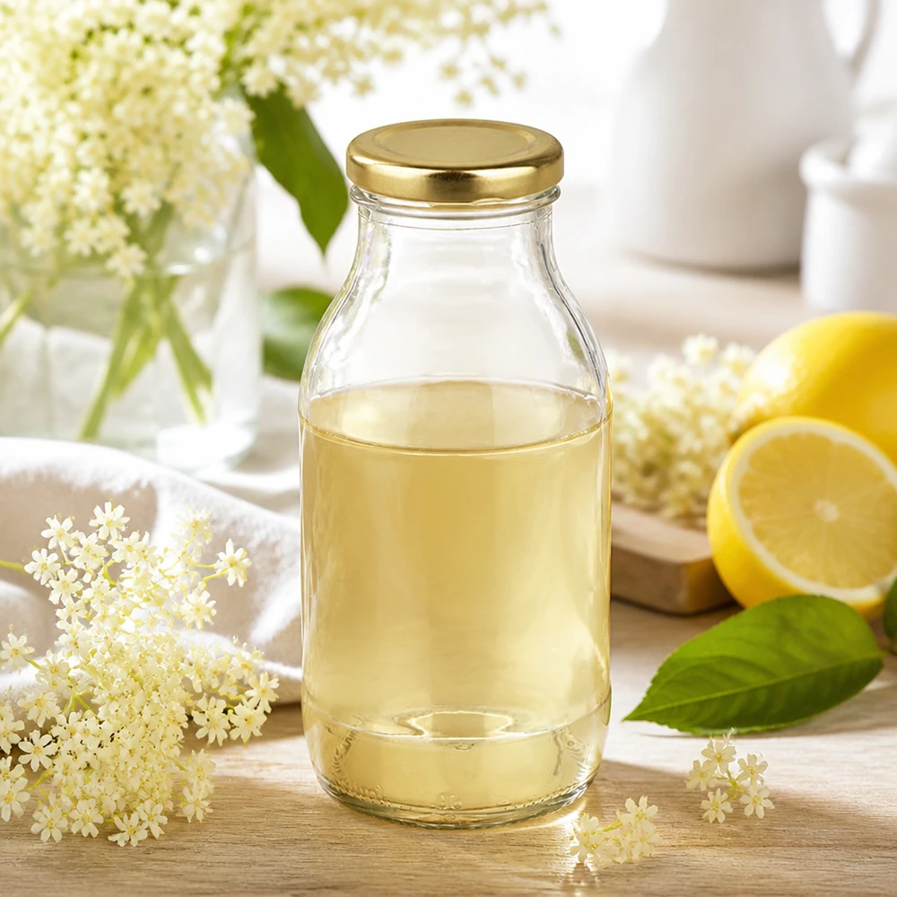 250ml Glasflasche + BasicSeal Deckel gold UNiTWIST Bouteille en verre UNiTWIST de 250 ml contenant du sirop de fleurs de sureau, avec bouchon à vis doré BasicSeal