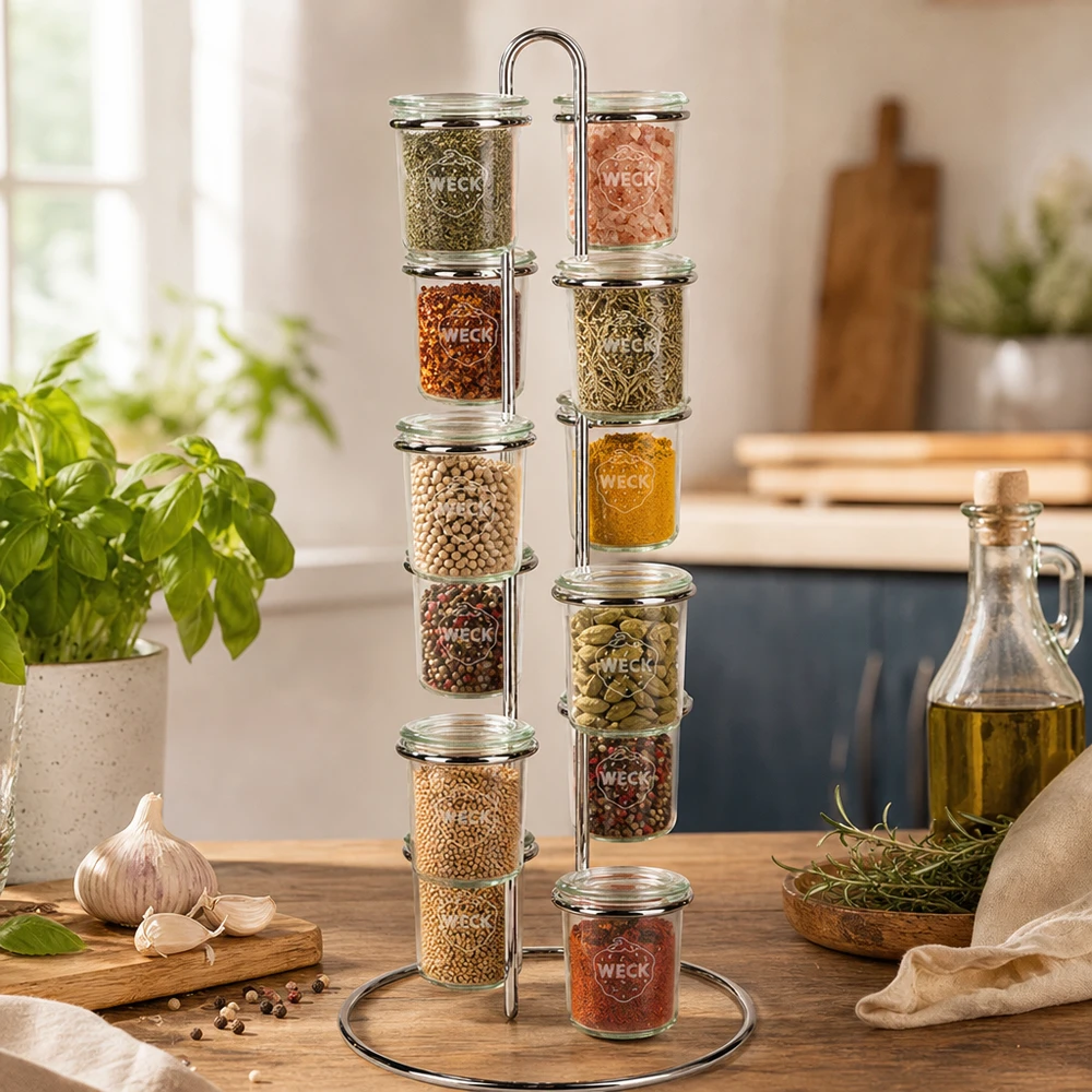 Présentoir à épices Vertico12 avec 12 bocaux WECK remplis d'herbes et d'épices sur plan de travail en bois dans une cuisine moderne