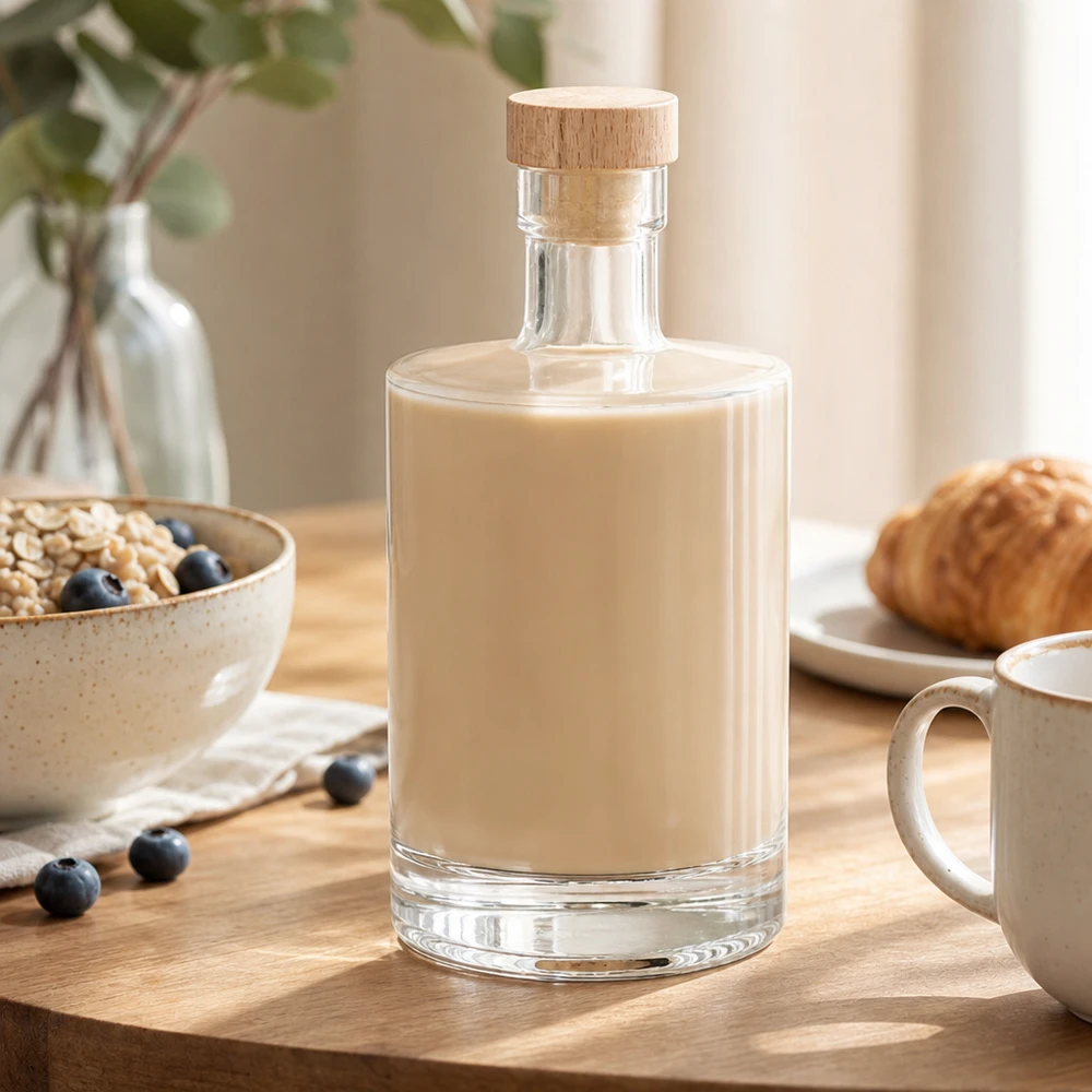 Bouteille en verre Marie de 500ml remplie de liqueur crémeuse - bouchon en bois UNiTWIST - Décor de table de petit déjeuner avec céréales