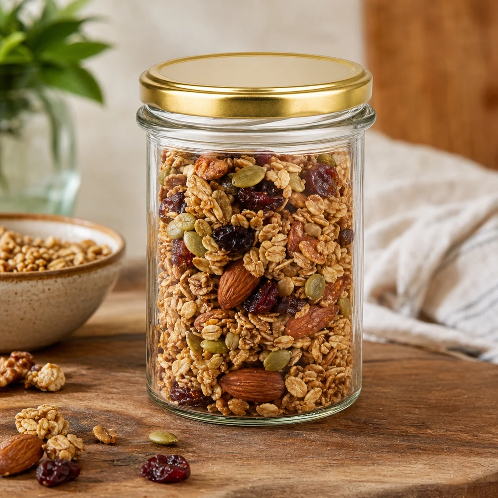 230ml pot BasicSeal couvercle doré rempli de muesli noix fruits secs à conserver sur table en bois