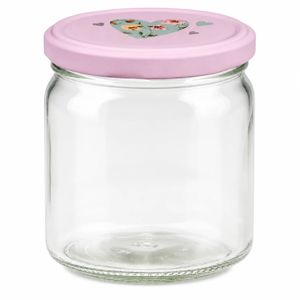 Bocal rond de 408ml avec couvercle rose BasicSeal et motif en forme de cœur, bocal vide pour la cuisine et les provisions