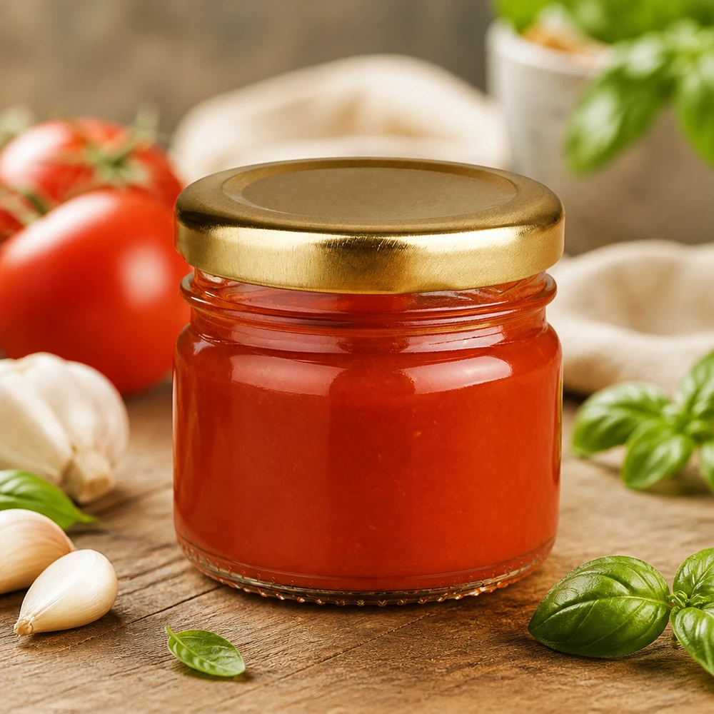 Pot en verre rond de 33 ml + couvercle BasicSeal doré UNiTWIST Bocal rond en verre BasicSeal doré de 33 ml, fermé hermétiquement, contenant de la sauce tomate et des ingrédients méditerranéens